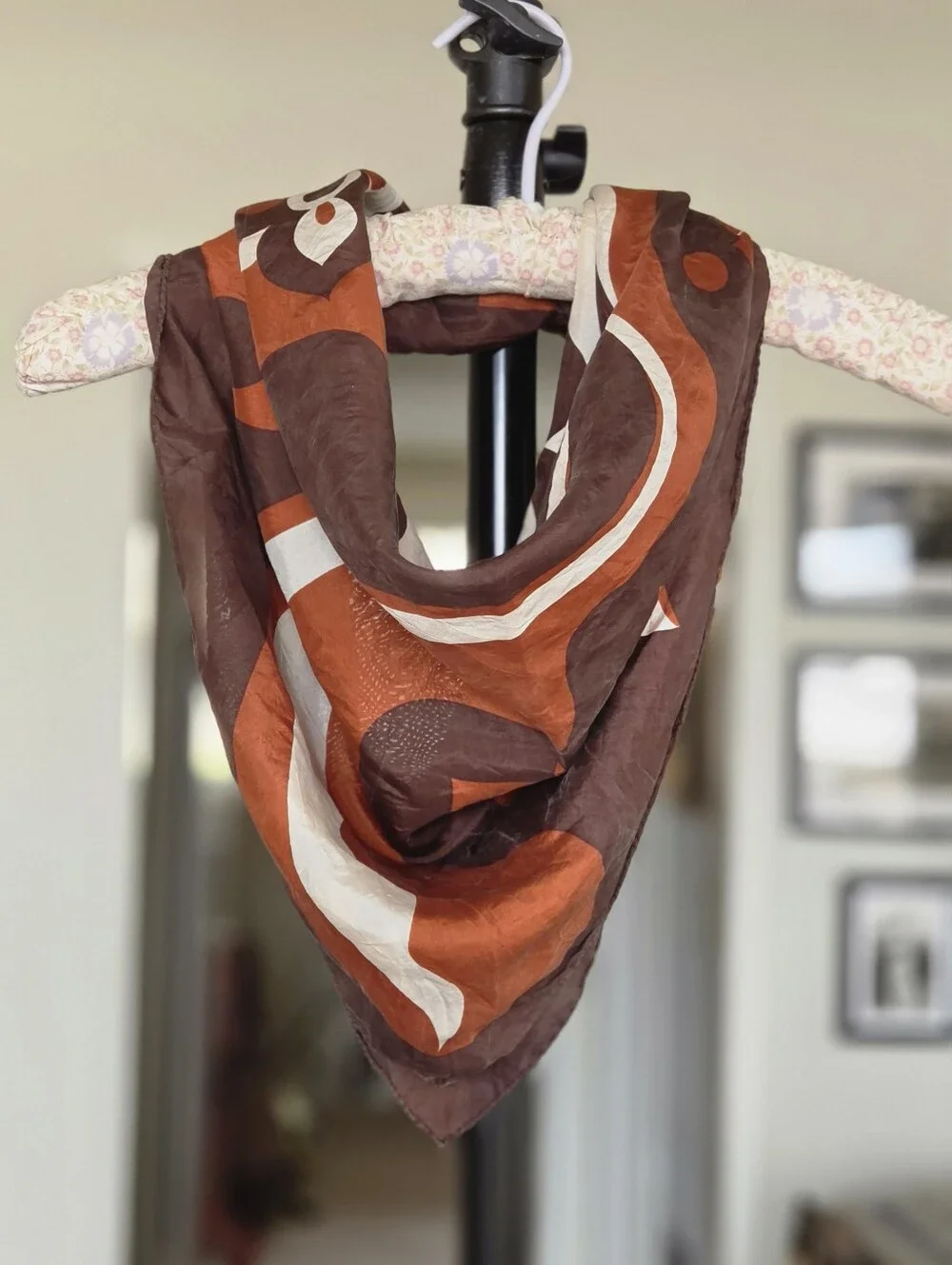 De La Roche Vintage 70s Floral Silk Scarf - Parisian Chic - Orange Brown White